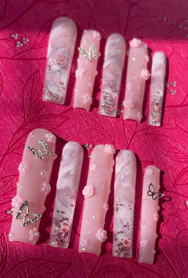 4X Long Square Pink Aquarium Nails Paired with 3D Water Art and floral design