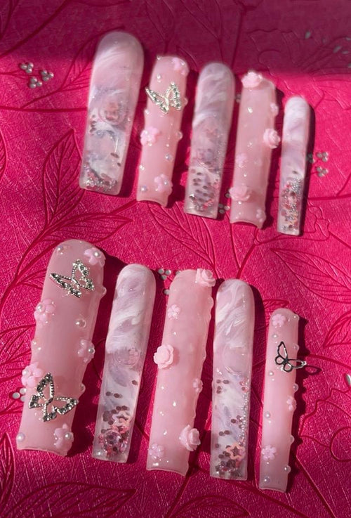 4X Long Square Pink Aquarium Nails Paired with 3D Water Art and floral design