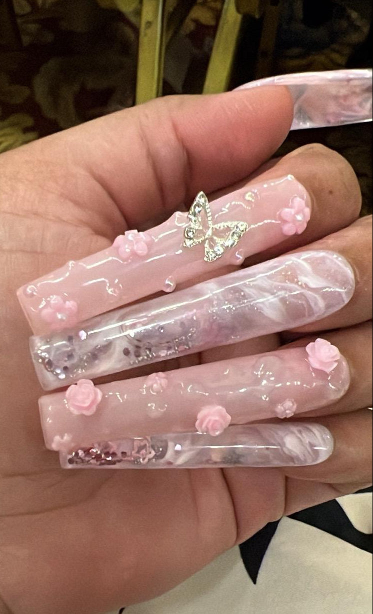 4X Long Square Pink Aquarium Nails Paired with 3D Water Art and floral design