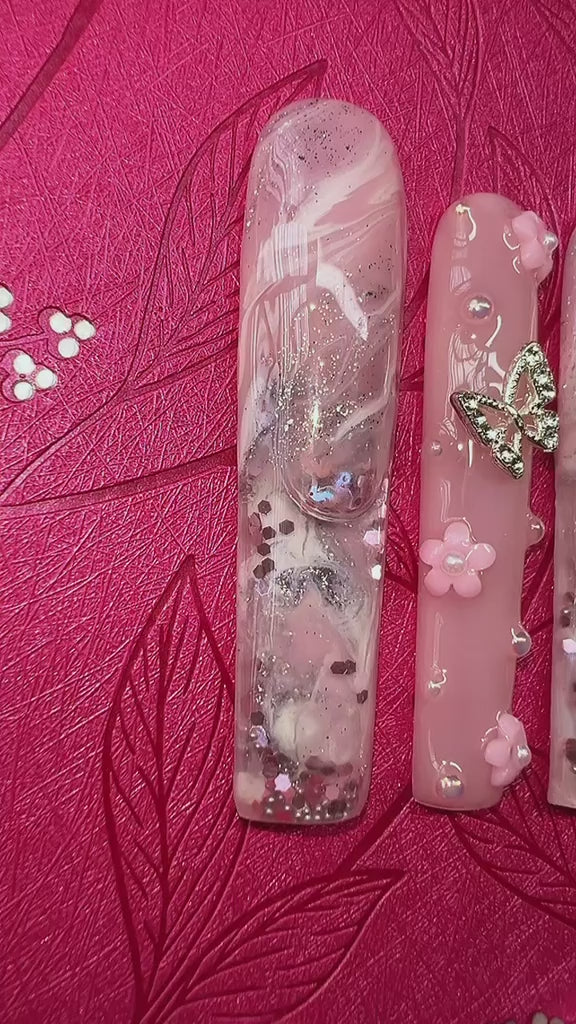 4X Long Square Pink Aquarium Nails Paired with 3D Water Art and floral design